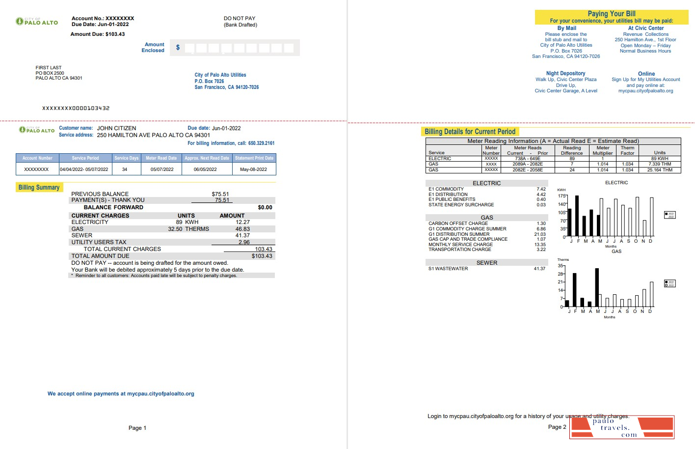 USA California Palo Alto utility bill, Word and PDF template, 2 pages